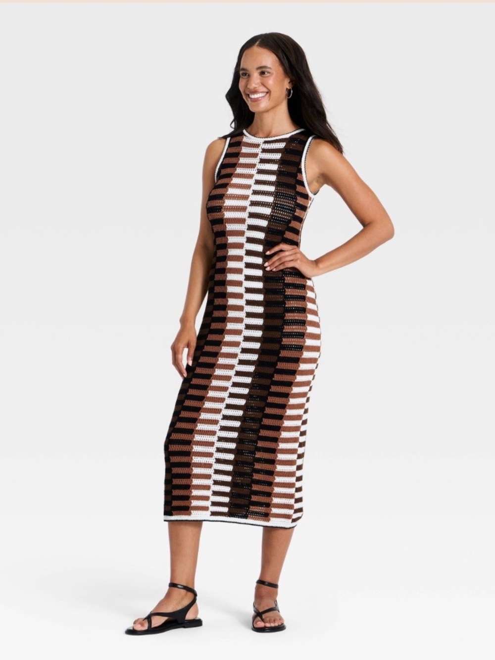 Universal Thread Brown Striped Crochet Maxi Sweater Dress Size S NWOT